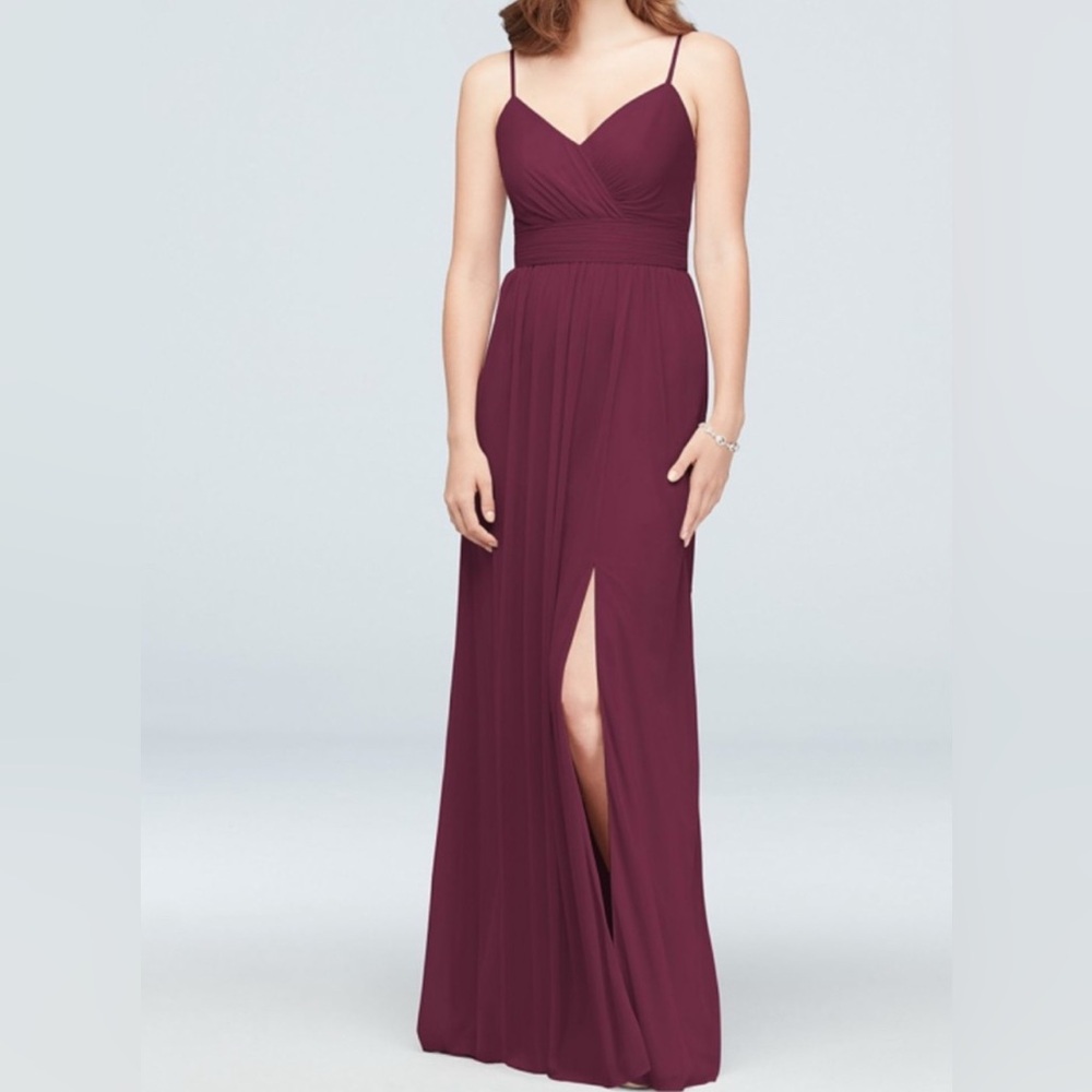 NWT David's Bridal Spaghetti Strap Ruched Waist Mesh Dress, color Wine, sz 22